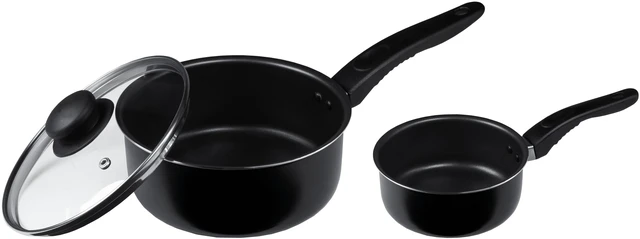 Main image of Mainstays 3-Piece Nonstick Sauce Pan Set, Black, 1Qt & 2Qt with Single Glass Lid