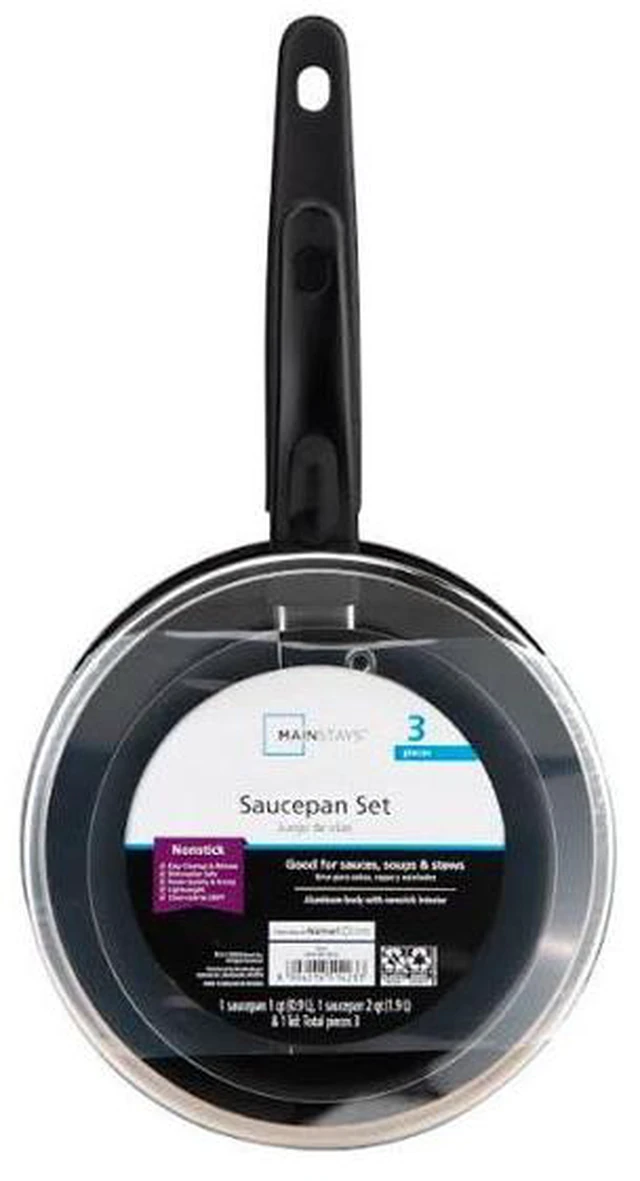 Alt view image 3 of 6 - Mainstays 3-Piece Nonstick Sauce Pan Set, Black, 1Qt & 2Qt with Single Glass Lid