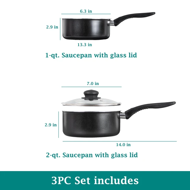 Alt view image 4 of 6 - Mainstays 3-Piece Nonstick Sauce Pan Set, Black, 1Qt & 2Qt with Single Glass Lid