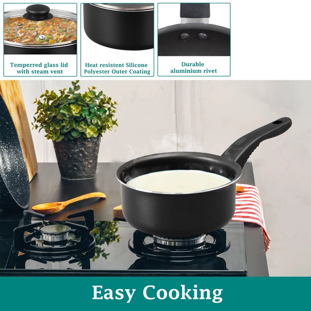 Alt view image 6 of 6 - Mainstays 3-Piece Nonstick Sauce Pan Set, Black, 1Qt & 2Qt with Single Glass Lid