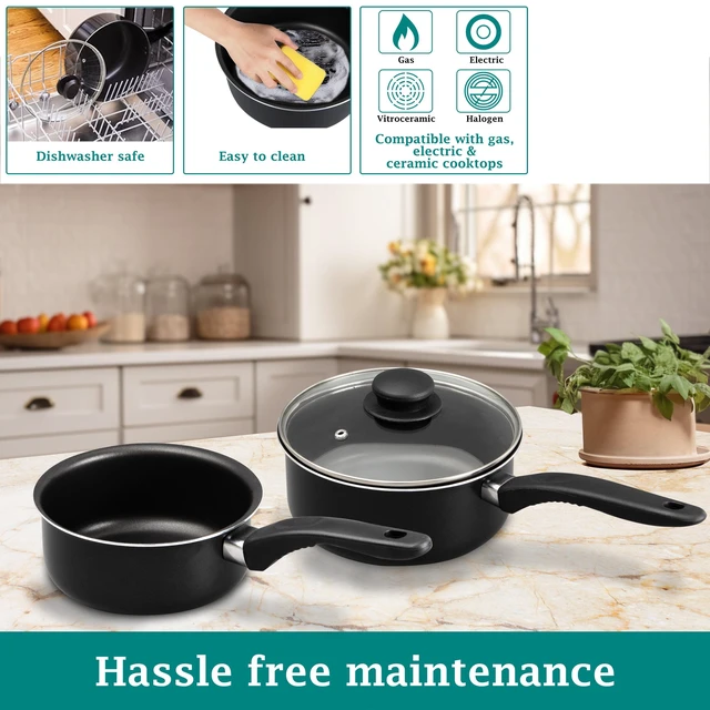 Alt view image 5 of 6 - Mainstays 3-Piece Nonstick Sauce Pan Set, Black, 1Qt & 2Qt with Single Glass Lid
