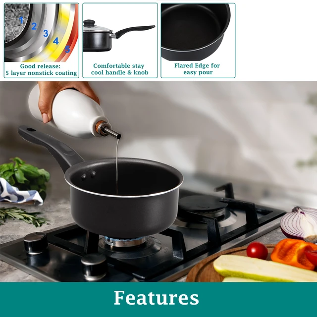 Alt view image 2 of 6 - Mainstays 3-Piece Nonstick Sauce Pan Set, Black, 1Qt & 2Qt with Single Glass Lid