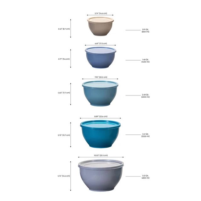 Alt view image 3 of 6 - Mainstays 10-Piece Plastic Mixing Bowl Set with Assorted Lids and Nonslip Base