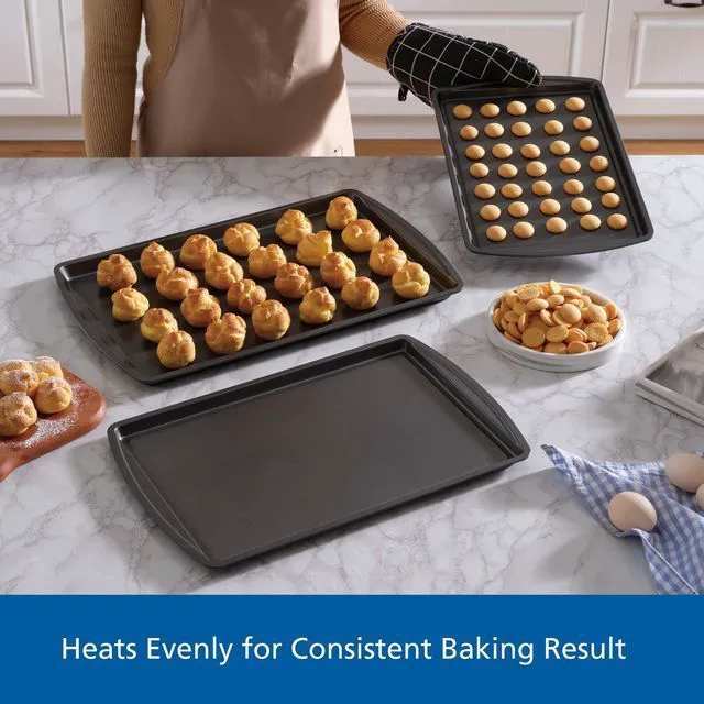 Alt view image 2 of 5 - Mainstays 3-Piece Carbon Steel Nonstick Cookie Sheet Bakeware Set, 11" x 17", 10" x 15", 9" x 13", Gray