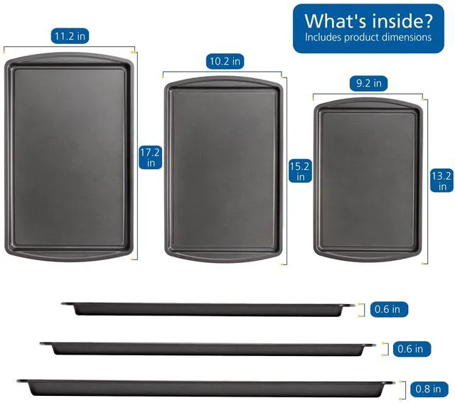 Alt view image 5 of 5 - Mainstays 3-Piece Carbon Steel Nonstick Cookie Sheet Bakeware Set, 11" x 17", 10" x 15", 9" x 13", Gray
