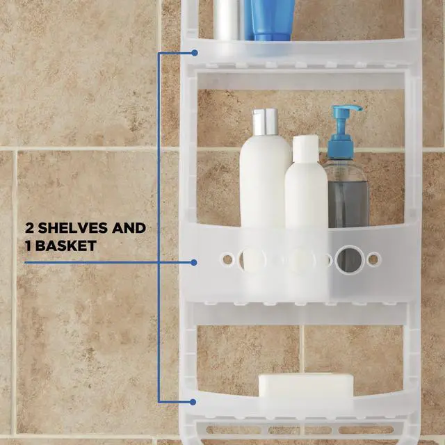 Alt view image 3 of 5 - Mainstays Large over the Shower Caddy with Shelves and Deep Basket, Heavy Duty Plastic, Frosty Finish