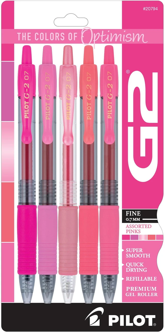 Main image of Pilot G2 Retractable Gel Pens, 0.7mm Fine Point, Pink Premium, Assorted Colors, 5 Count
