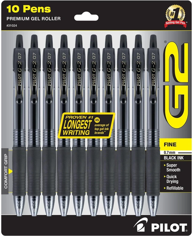 Main image of Pilot G2 Retractable Gel Ink Pens, Fine Point 0.7mm, Black Ink, 10 Pack