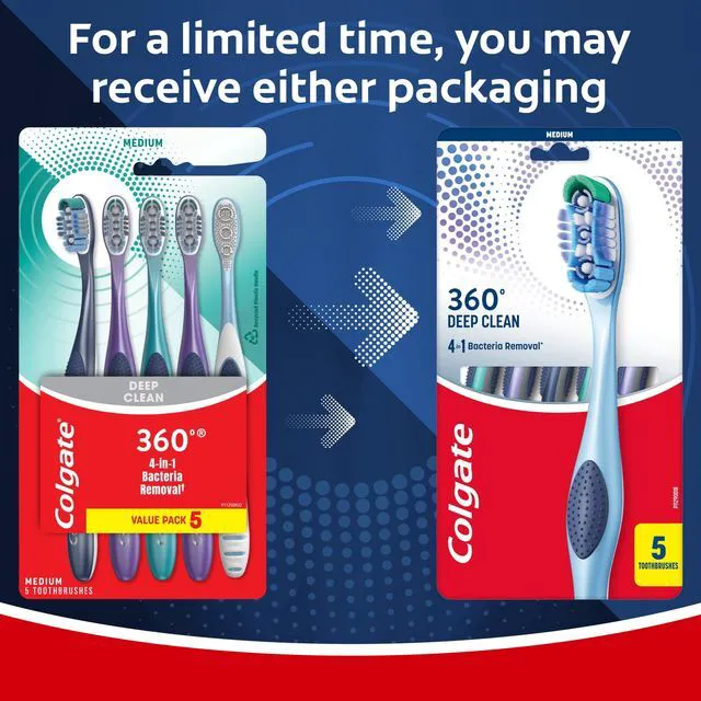 Alt view image 5 of 5 - Colgate 360 Deep Clean Medium Adult Toothbrush 5-Pack