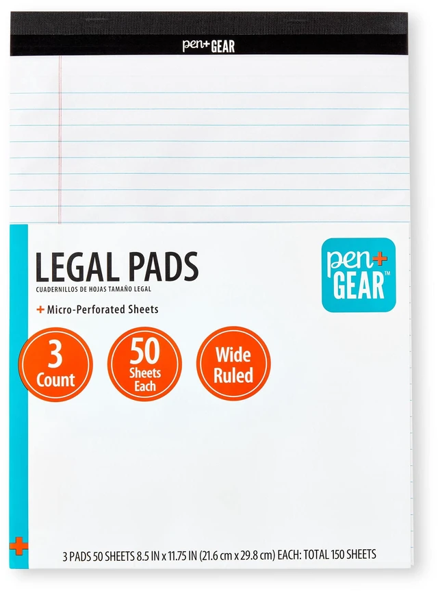 Main image of Pen+Gear Wide Ruled Legal Pad, Perforated, 8.5 x 11.75 Inches, 50 Sheets, 3-Pack