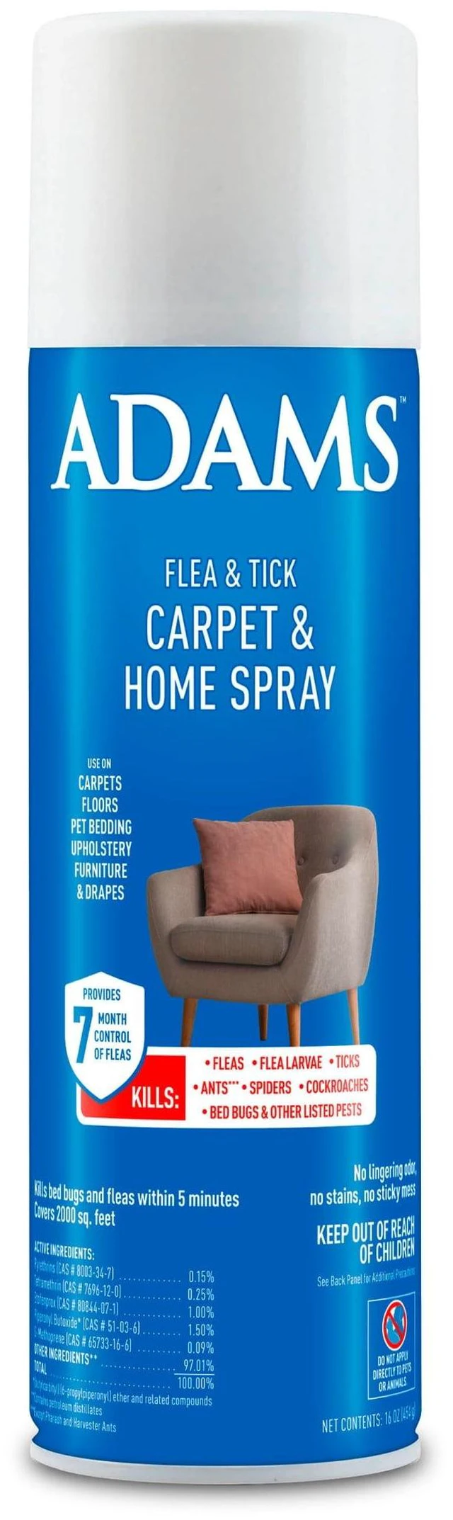 Main image of ADAMS Flea & Tick Carpet & Home Spray 16oz, Kills Bed Bugs Fleas Ticks Spiders Ants, Indoor Home Treatment, 7-Month Flea Protection, Treats Up to 2000sq ft