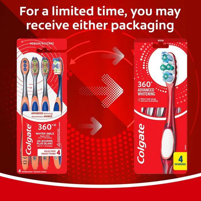 Alt view image 4 of 5 - Colgate 360 Advanced Whitening Toothbrush, Medium, 4 Pack