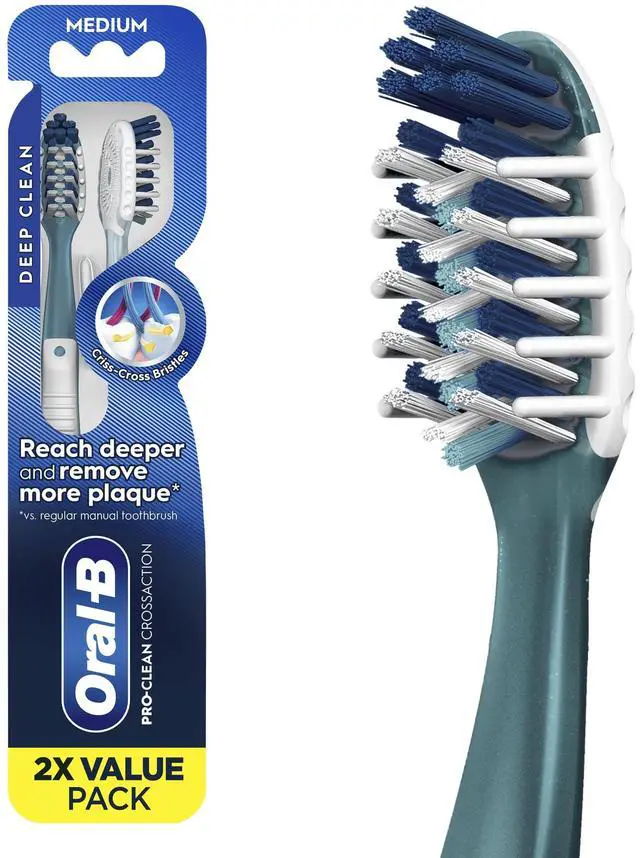 Main image of Oral-B Pro Clean Cross Action Toothbrush, Medium, Deep Plaque Removal, 2 Count
