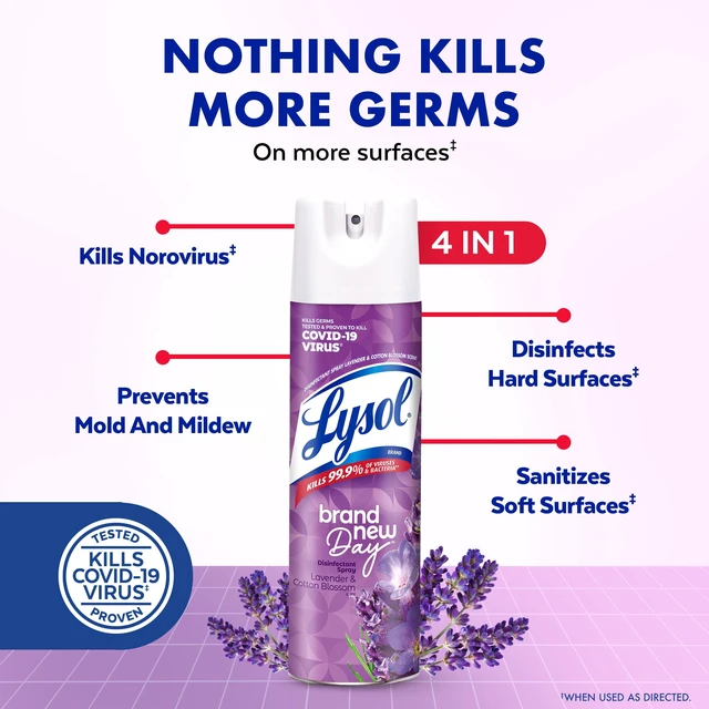 Alt view image 2 of 5 - Lysol Disinfectant Spray, Sanitizing & Antibacterial Bathroom Deodorizer, Lavender & Cotton Blossom, 12.5oz