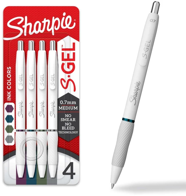 Main image of Sharpie S-Gel Pens, Medium Point (0.7mm), Pearl White Body, Rich Dark Color Assortment, 4 Count