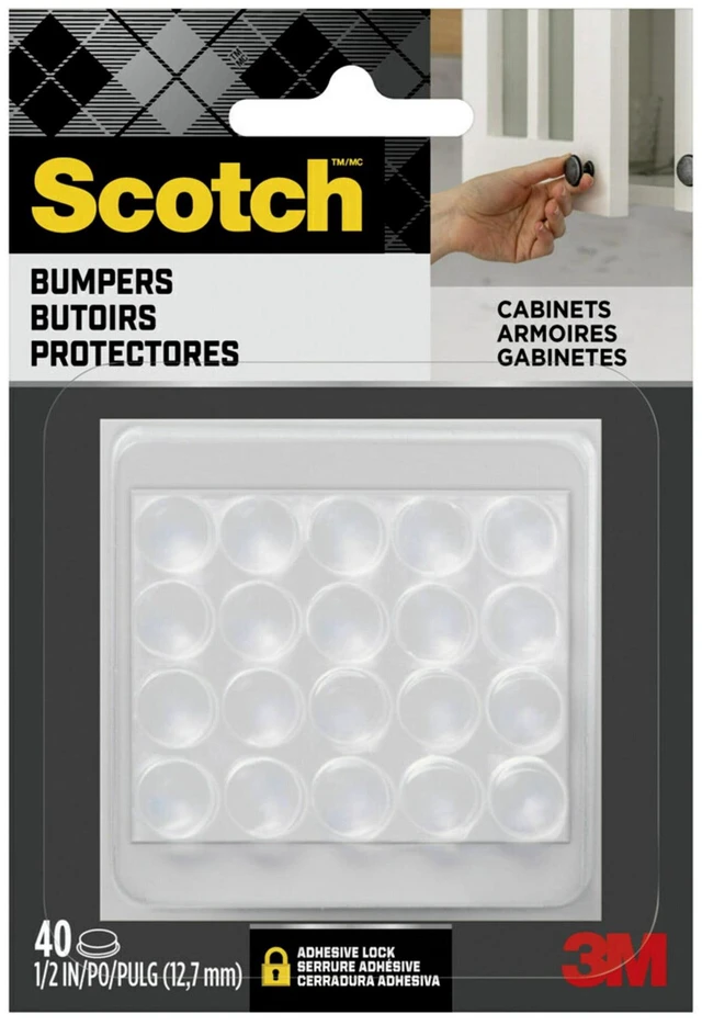 Main image of Scotch Adhesive Bumper Pads, Clear, Rubber Cabinet Door Stoppers, Self-Stick, 1/2-Inch, 40-Pack