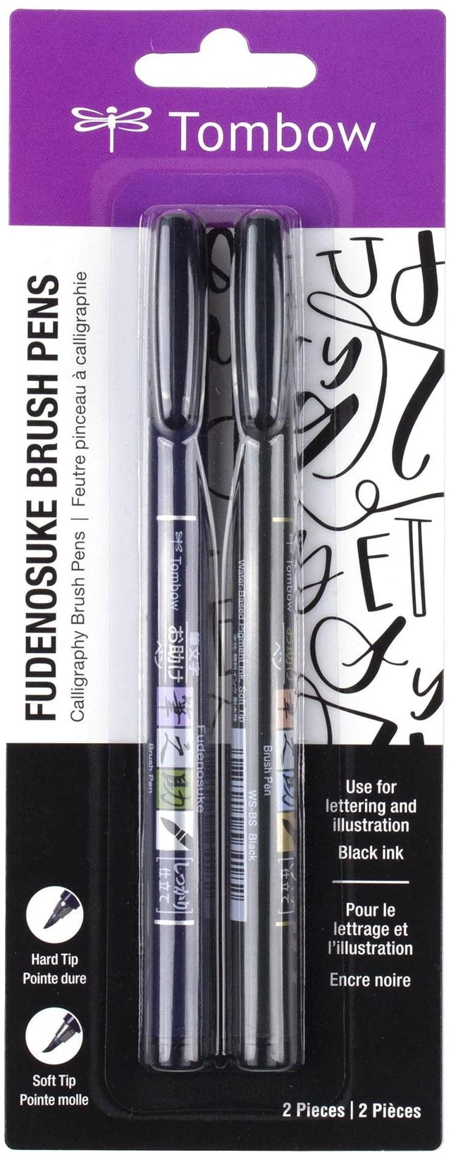 Main image of Tombow Fudenosuke Brush Pens, Hard and Soft Tip, Black, 2 Pack