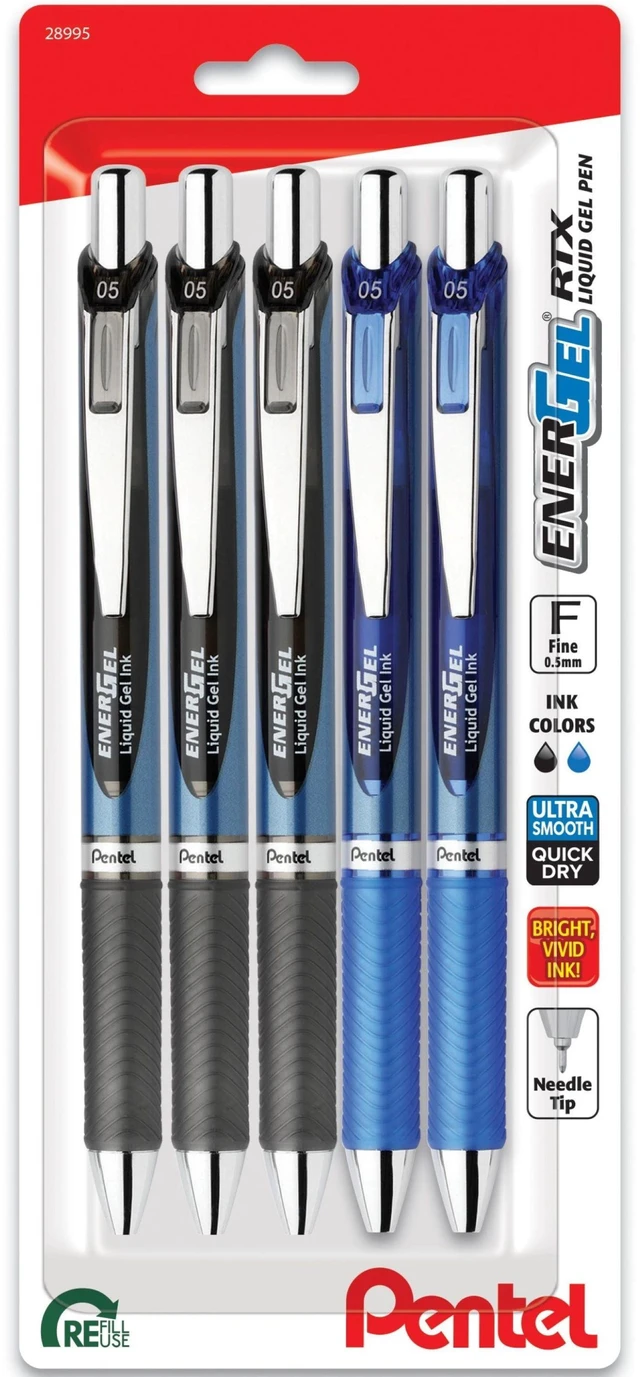 Main image of Pentel EnerGel RTX 0.5mm Fine Point Liquid Ink Gel Pens, Black and Blue, Pack of 5