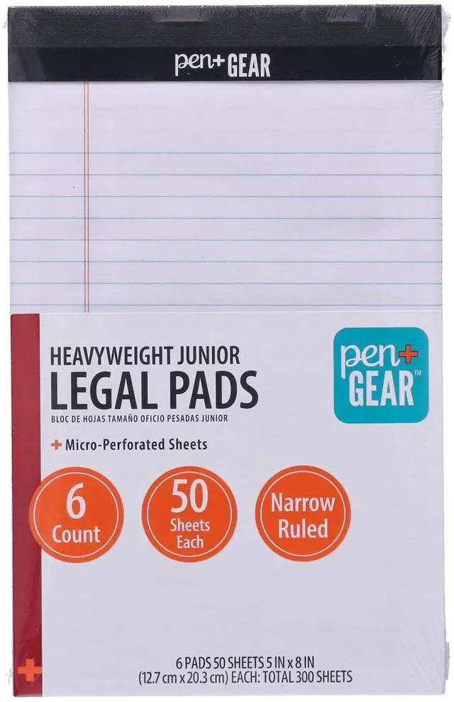 Main image of Pen+Gear Junior Legal Pads, Narrow Ruled, Heavyweight, 5"x8", White Paper, 50 Sheets Each, 100 Pages, 6 Pack