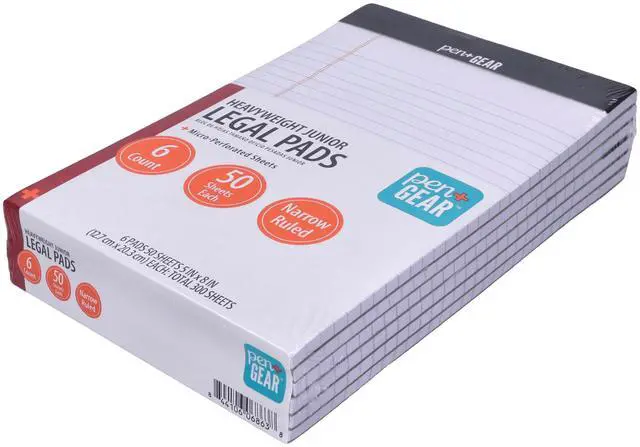 Alt view image 2 of 6 - Pen+Gear Junior Legal Pads, Narrow Ruled, Heavyweight, 5"x8", White Paper, 50 Sheets Each, 100 Pages, 6 Pack