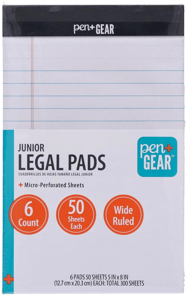 Main image of Pen+Gear Junior Legal Pads, 5" x 8", Wide Ruled, White Paper, 50 Sheets, 6 Pack