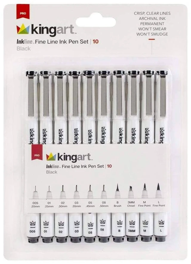 Main image of KINGART Inkline/Graphic Fine Line Drawing Pens Set - 10 Assorted Sizes, Archival Black Ink, Art Illustration and Sketching