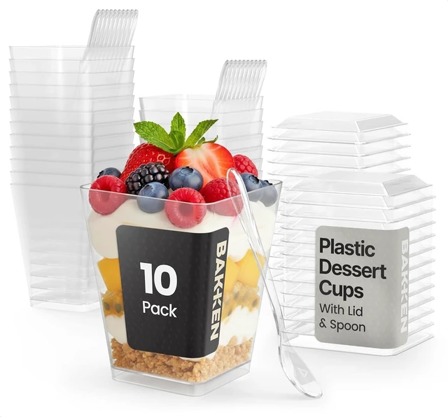 Main image of Bakken Plastic Dessert Cups with Lids and Spoons, 10 Pack - Spill-Resistant, Heavy-Duty Parfait and Appetizer Cups for Parties, Catering and Events