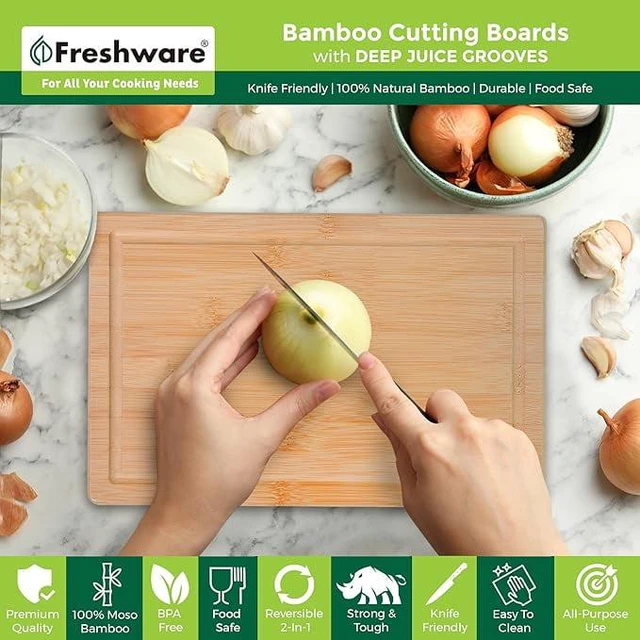 Alt view image 2 of 6 - Bamboo Kitchen Cutting Boards Set of 2 with Juice Groove and Knife-Friendly Surface