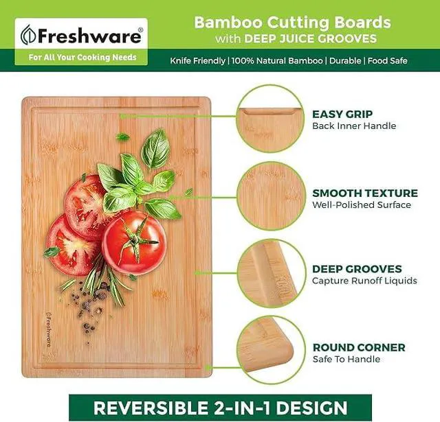 Alt view image 4 of 6 - Bamboo Kitchen Cutting Boards Set of 2 with Juice Groove and Knife-Friendly Surface