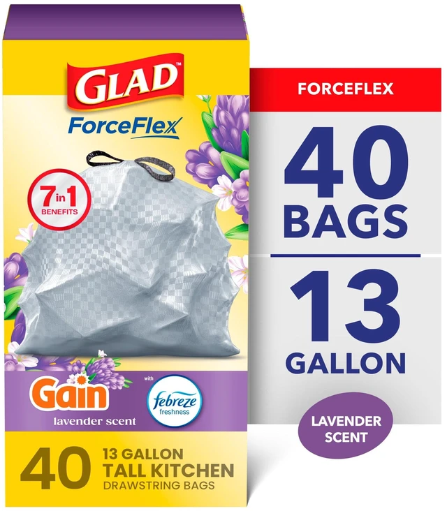 Main image of Glad ForceFlex 13-Gallon Tall Kitchen Drawstring Trash Bags, Gain Lavender Scent, 40 Count