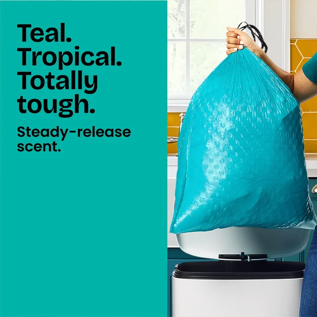 Alt view image 2 of 5 - Glad ForceFlex MaxStrength 13-Gallon Tall Kitchen Drawstring Trash Bags, Teal, Febreze Freshness Bahama Bliss Scent, 20 Bags