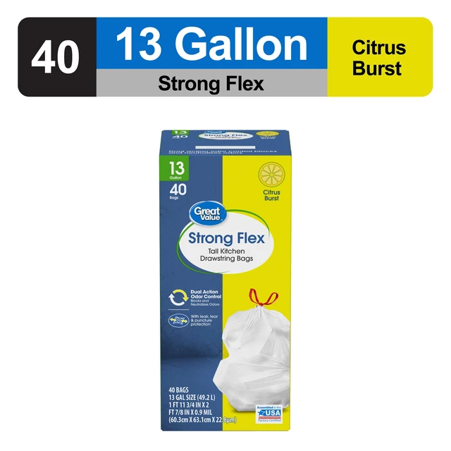 Alt view image 4 of 6 - Great Value Strong Flex Tall Kitchen Trash Bags, 13gal, Citrus Burst, 40 Count