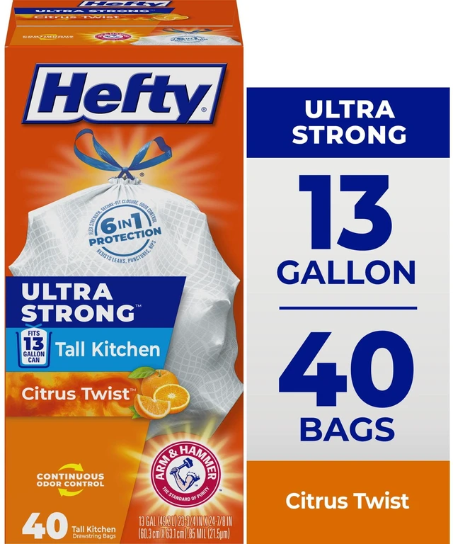 Main image of Hefty Ultra Strong 13 Gallon Tall Kitchen Trash Bags, White, Citrus Twist Scent, 40 Count