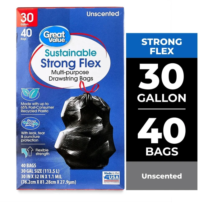 Main image of Great Value Sustainable Strong Flex Multi-Purpose Drawstring Bags, 30Gallon, 40Count
