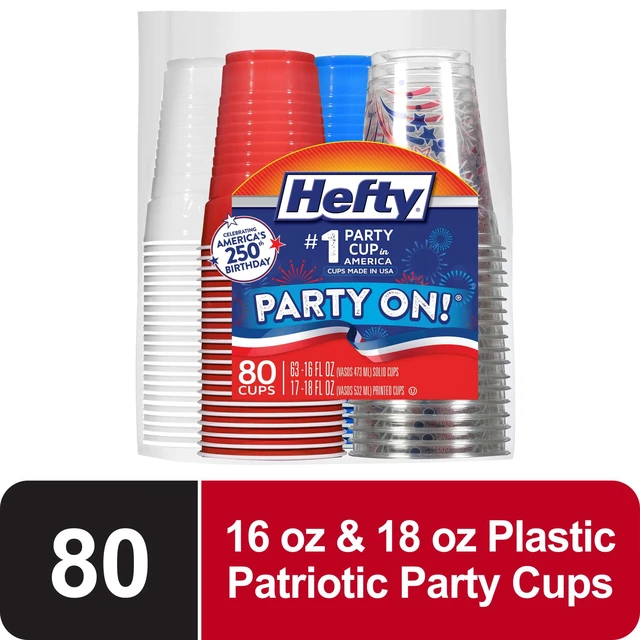 Alt view image 2 of 6 - Hefty Party On Disposable Plastic Party Cups, 16oz & 18oz, 80Count, Patriotic Assorted Colors and Festive Print
