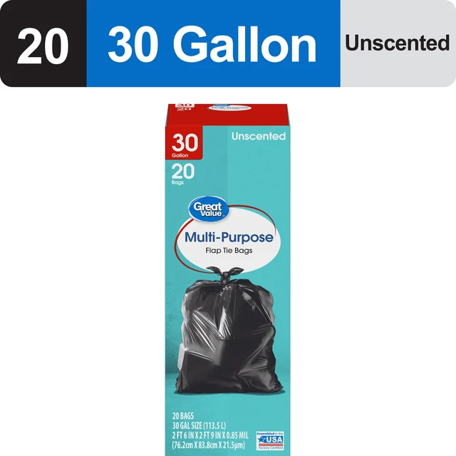 Main image of Great Value 30-Gallon Flap Tie Multi-Purpose Garbage Bags, Unscented, 20 Bags