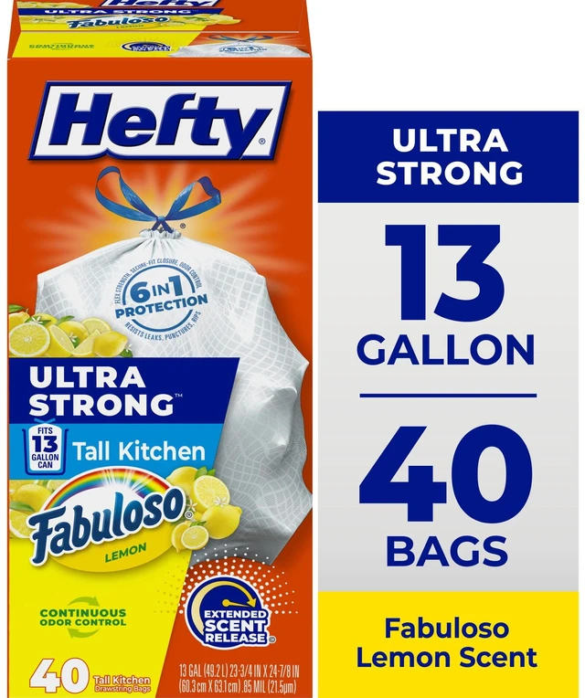 Main image of Hefty Ultra Strong 13 Gallon Tall Kitchen Trash Bags, White, Fabuloso Lemon Scent, 40 Bags