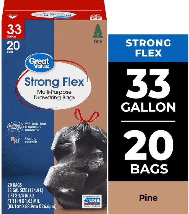 Main image of Great Value Strong Flex 33-Gallon Multi-Purpose Drawstring Trash Bags, Pine Scent, Black, 20 Count