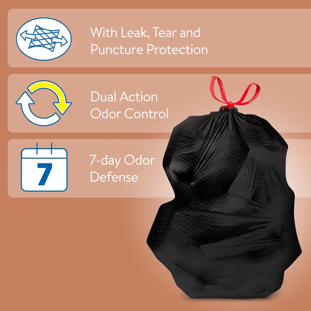 Alt view image 5 of 6 - Great Value Strong Flex 33-Gallon Multi-Purpose Drawstring Trash Bags, Pine Scent, Black, 20 Count