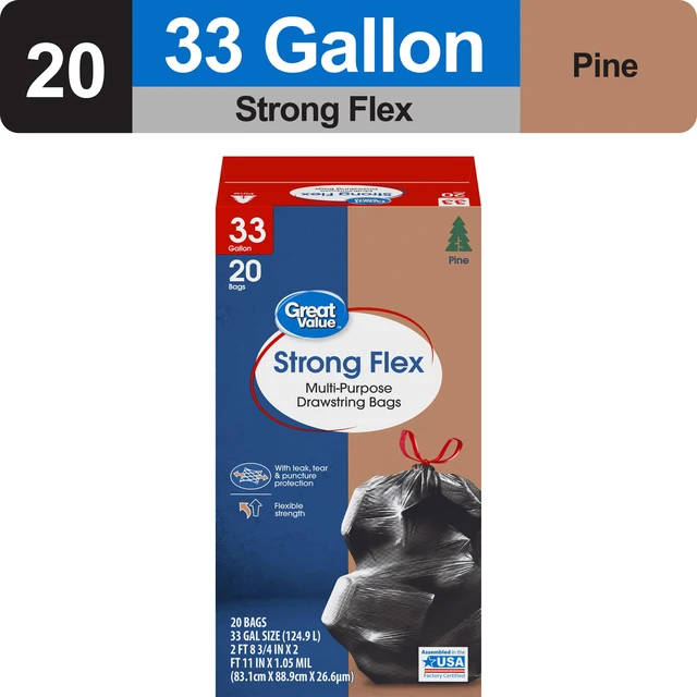 Alt view image 2 of 6 - Great Value Strong Flex 33-Gallon Multi-Purpose Drawstring Trash Bags, Pine Scent, Black, 20 Count