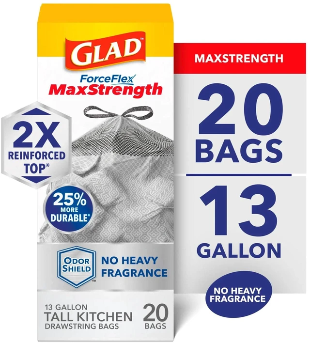 Main image of Glad ForceFlex MaxStrength OdorShield 13-Gallon Tall Kitchen Trash Bags, 20 Bags
