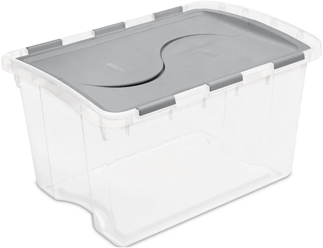 Main image of Sterilite 48 Quart Medium Storage Bin with Hinge Lid, Clear Plastic, Gray