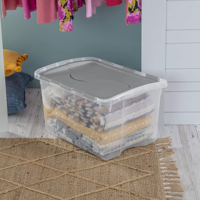 Alt view image 4 of 6 - Sterilite 48 Quart Medium Storage Bin with Hinge Lid, Clear Plastic, Gray