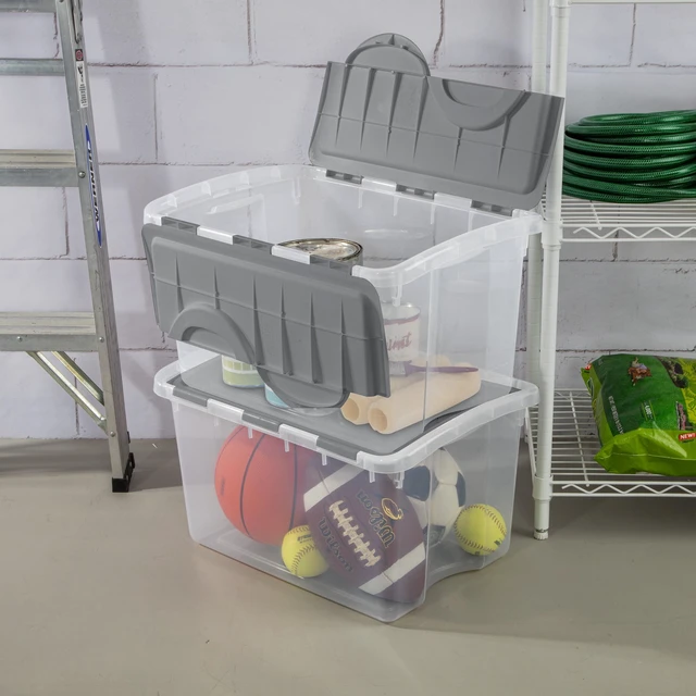 Alt view image 3 of 6 - Sterilite 48 Quart Medium Storage Bin with Hinge Lid, Clear Plastic, Gray