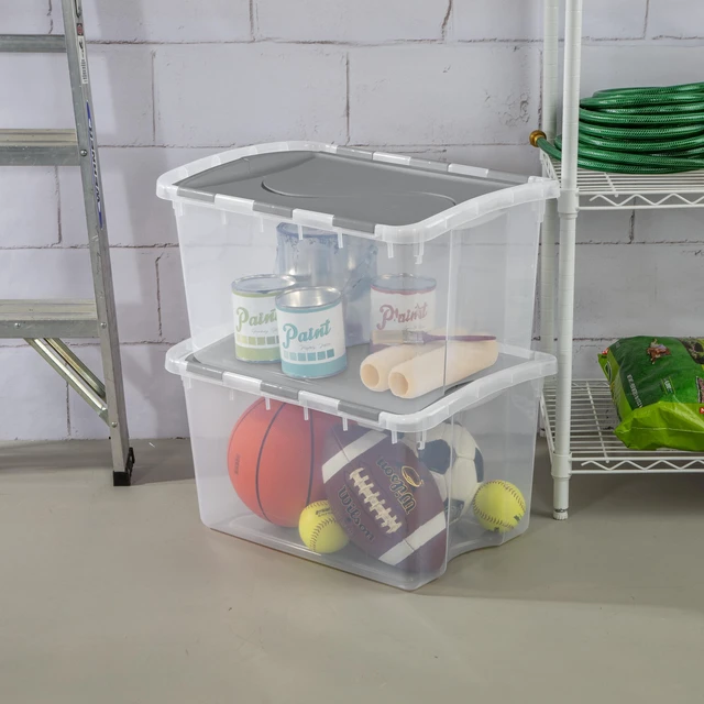 Alt view image 2 of 6 - Sterilite 48 Quart Medium Storage Bin with Hinge Lid, Clear Plastic, Gray