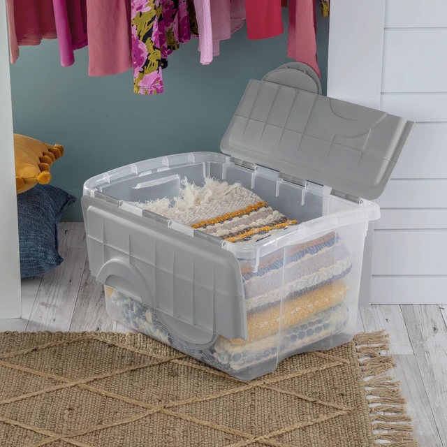 Alt view image 6 of 6 - Sterilite 48 Quart Medium Storage Bin with Hinge Lid, Clear Plastic, Gray