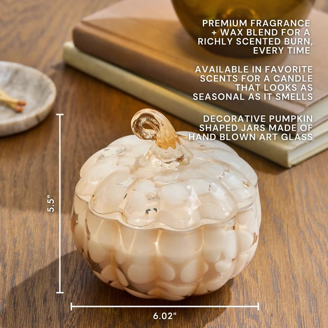Alt view image 2 of 7 - Better Homes & Gardens 2-Wick 8oz White Tortoiseshell Glass Pumpkin Jar Candle, Pumpkin Snickerdoodle Swirl