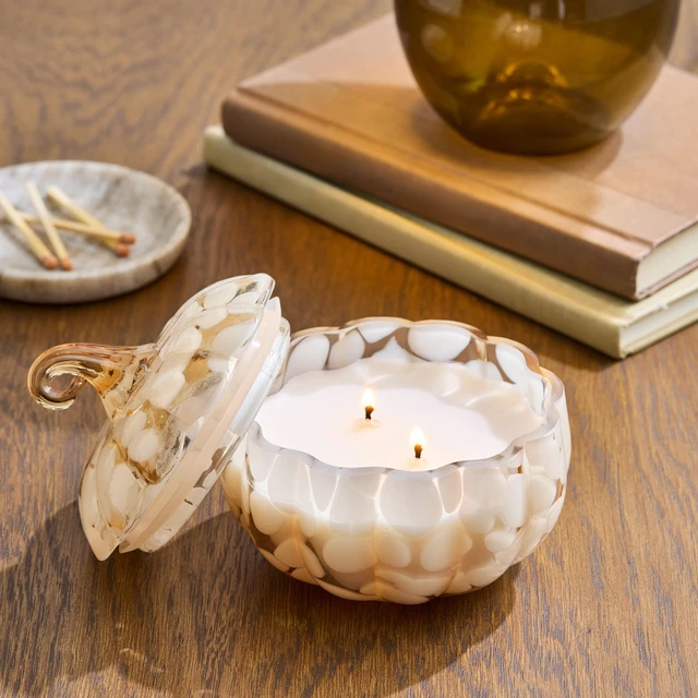 Alt view image 5 of 7 - Better Homes & Gardens 2-Wick 8oz White Tortoiseshell Glass Pumpkin Jar Candle, Pumpkin Snickerdoodle Swirl