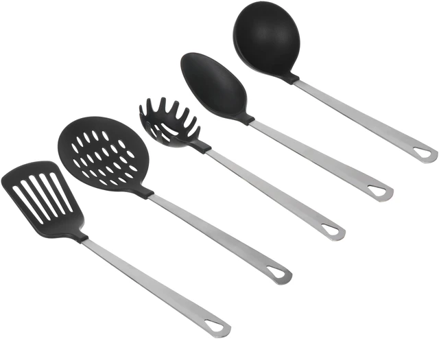 Main image of Mainstays 5-Piece Stainless Steel and Nylon Kitchen Utensil Set - Spoon, Turner, Skimmer, Pasta Server, Ladle