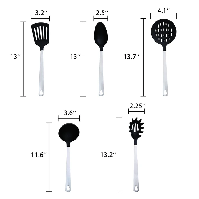 Alt view image 7 of 7 - Mainstays 5-Piece Stainless Steel and Nylon Kitchen Utensil Set - Spoon, Turner, Skimmer, Pasta Server, Ladle